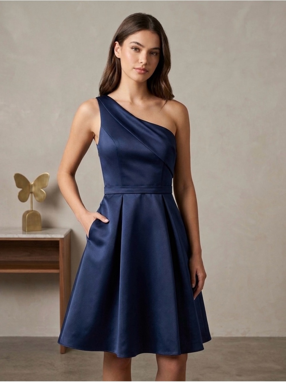 PromGirl Blue One Shoulder A-Line Knee Satin Pockets Zip size 6